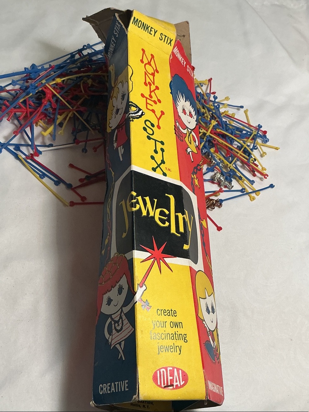 RARE Vintage Ideal Monkey Stix Kids Jewelry Building Set - Red, Blue, Yellow